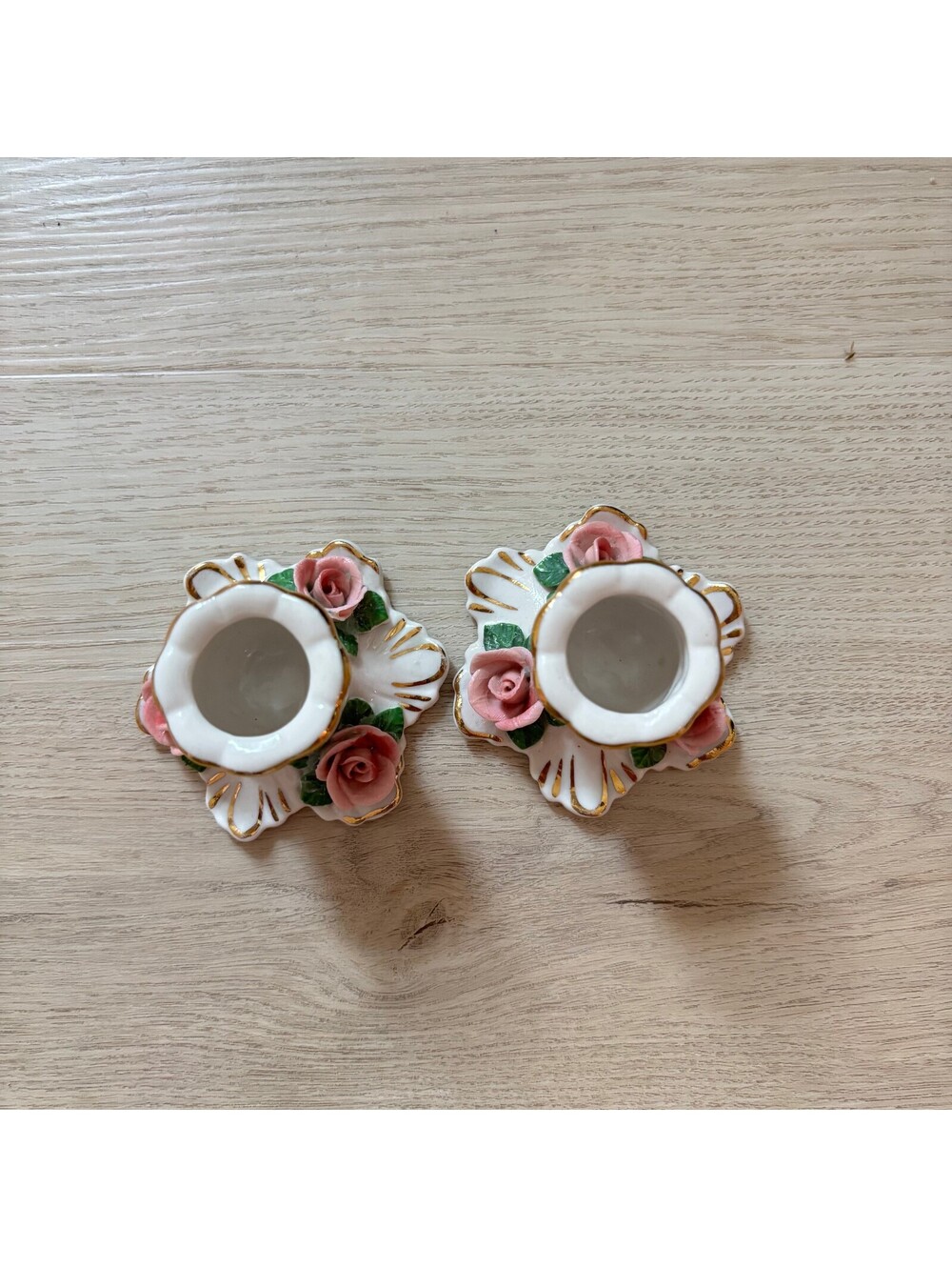 Dresden (2) Vintage Porcelain Candle Stick Holders with Rose and Gold Detail